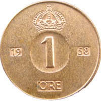 Монета Швеция 1 эре 1958