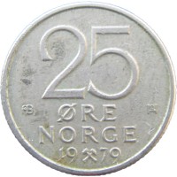 Монета Норвегия 25 эре 1979