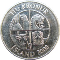 Монета Исландия 10 крон 2008
