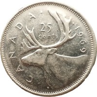 Монета Канада 25 центов 1969 Олень