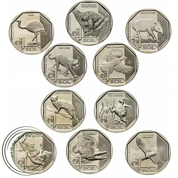 Набор монет Перу Фауна Перу 1 соль (10 монет)