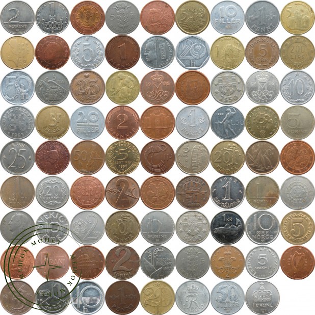 Набор монет Европы без повторов 170 монет из 36 стран