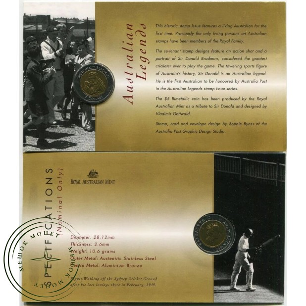 Австралия 5 долларов 1997 сэр Дональд Брэдмен — 937046496