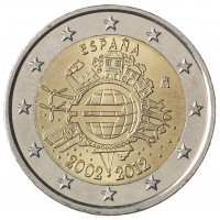 Монета Испания 2 евро 2012 10 лет наличному обращению евро