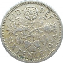 Монета Великобритания 6 пенсов 1954
