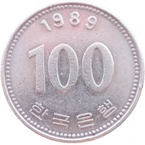 Монета Южная Корея 100 вон 1989