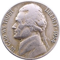 Монета США 5 центов 1954