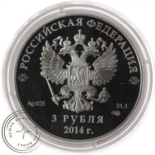 3 рубля 2014 Горные лыжи в оригинальном футляре