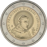 Монета Италия 2 евро 2026 Франциск Ассизский