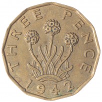 Монета Великобритания 3 пенса 1942