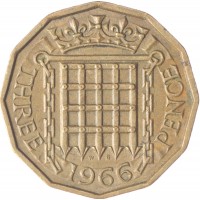 Монета Великобритания 3 пенса 1966