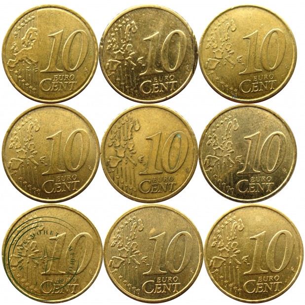 Набор монет 10 евроцентов (9 монет)
