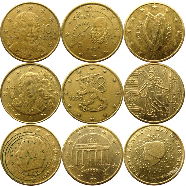 Набор монет 10 евроцентов (9 монет)