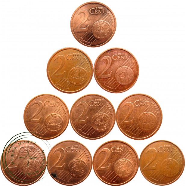Набор монет 2 евроцента (10 монет)