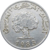 Монета Тунис 5 миллим 1983