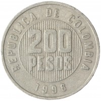 Монета Колумбия 200 песо 1996