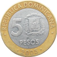 Монета Доминиканская республика 5 песо 2005