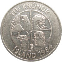 Монета Исландия 10 крон 1984