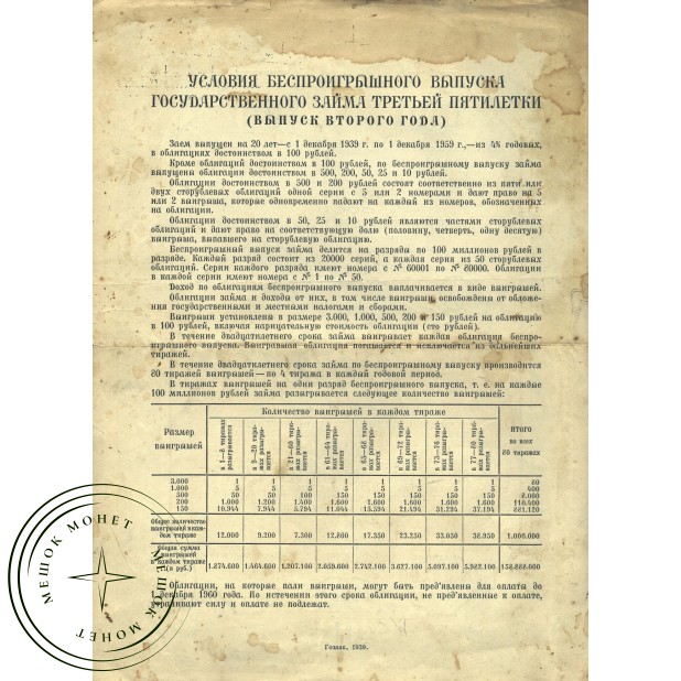 Облигация 100 рублей 1939 Заем третьей пятилетки