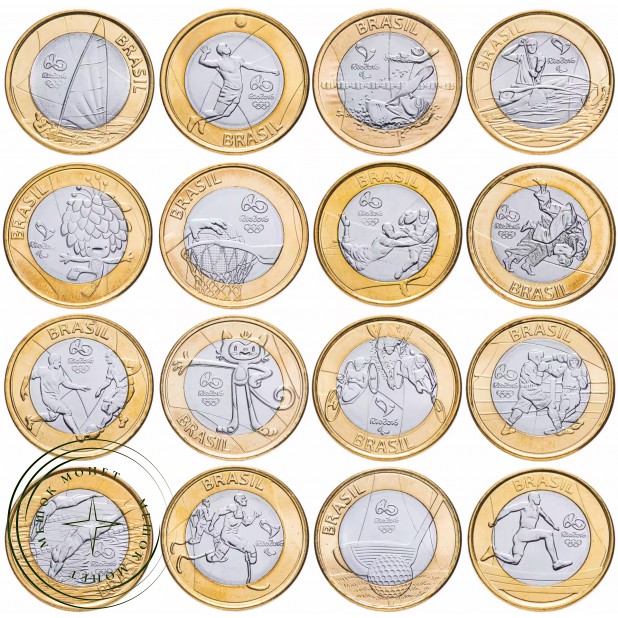 Бразилия 1 реал 2014 - 2016 Олимпиада в Рио набор 16 монет — 937046314