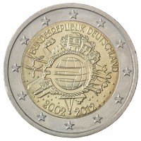 Монета Германия 2 евро 2012 10 лет наличному обращению евро