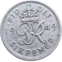 Монета Великобритания 6 пенсов 1949
