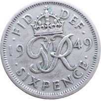 Монета Великобритания 6 пенсов 1949