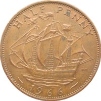 Монета Великобритания 1/2 пенни 1966