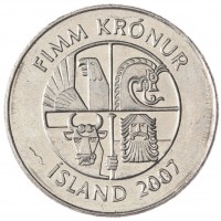 Монета Исландия 5 крон 2007
