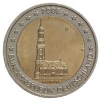 Монета Германия 2 евро 2008 Гамбург (Церковь св. Михаила)