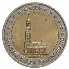 Монета Германия 2 евро 2008 Гамбург (Церковь св. Михаила)