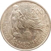 Монета Италия 200 лир 1999 Карабинеры, защита культурного наследия