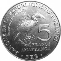 Монета Бурунди 5 франков 2014 Кафрский рогатый ворон