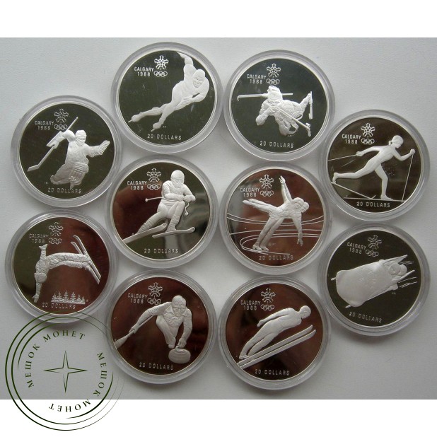Канада 20 долларов 1985-1986-1987 полный набор Олимпиада Калгари (10 монет)