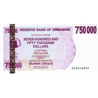Банкнота Зимбабве 750000 долларов 2007