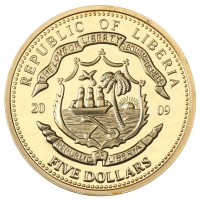 Монета Либерия 5 долларов 2009 Барак Обама