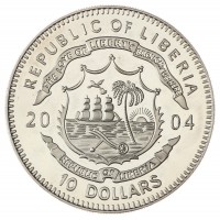 Монета Либерия 10 долларов 2004 Лех Валенса и профсоюз "Солидарность"