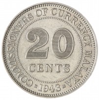 Монета Малайя 20 центов 1943