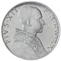 Монета Ватикан 5 лир 1958 Надпись на аверсе "P·M·AN·"