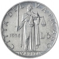 Монета Ватикан 5 лир 1956 Надпись на аверсе "P·M·A·"