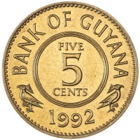 Монета Гайана 5 центов 1992