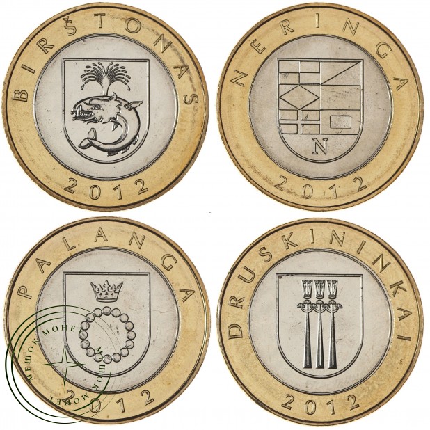 Литва набор 4 монеты 2 лита 2012 Курорты Литвы - Бирштонас, Друскининкай, Неринга и Паланга