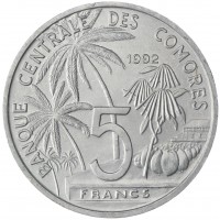 Коморские острова 5 франков 1992