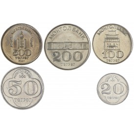 Монголия набор 5 монет 20, 50, 100, 200 тугриков 1994 и 500 тугриков 2001