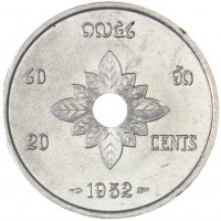 Монета Лаос 20 сантимов 1952