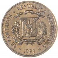 Монета Доминикана 25 сентаво 1987