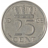 Монета Нидерланды 25 центов 1968
