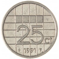 Монета Нидерланды 25 центов 1991