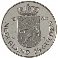 Монета Нидерланды 2 1/2 гульдена 1980 Коронация королевы Беатрикс