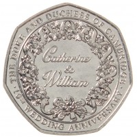 Монета Гибралтар 50 пенсов 2021 10 лет свадьбе герцога и герцогини Кембриджских